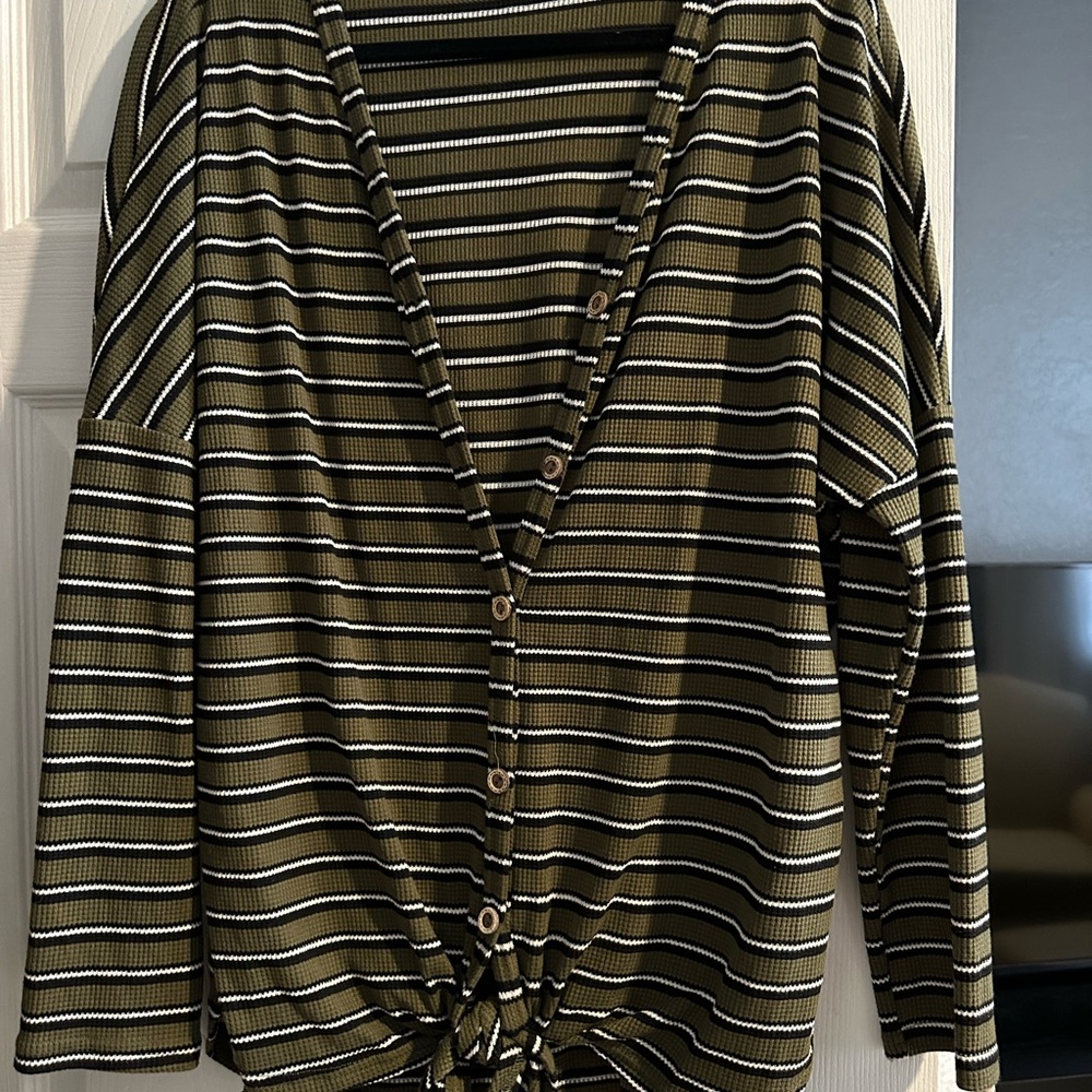 Striped Olive Green/black Tie-Hem Button-Up Women's Top,2XL